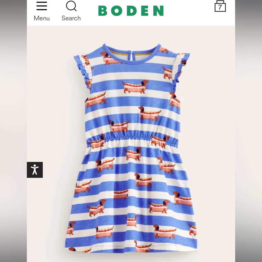 New in bag Mini Boden Surf Blue Hot Dog stripe frill sleeve jersey dress 3-4y